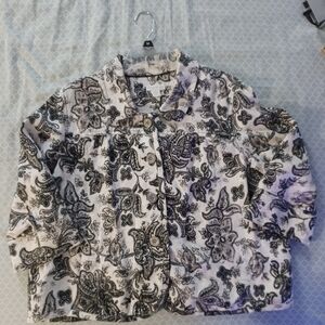 Charter Club womens 100% Linen shaket jacket white black floral button up XL